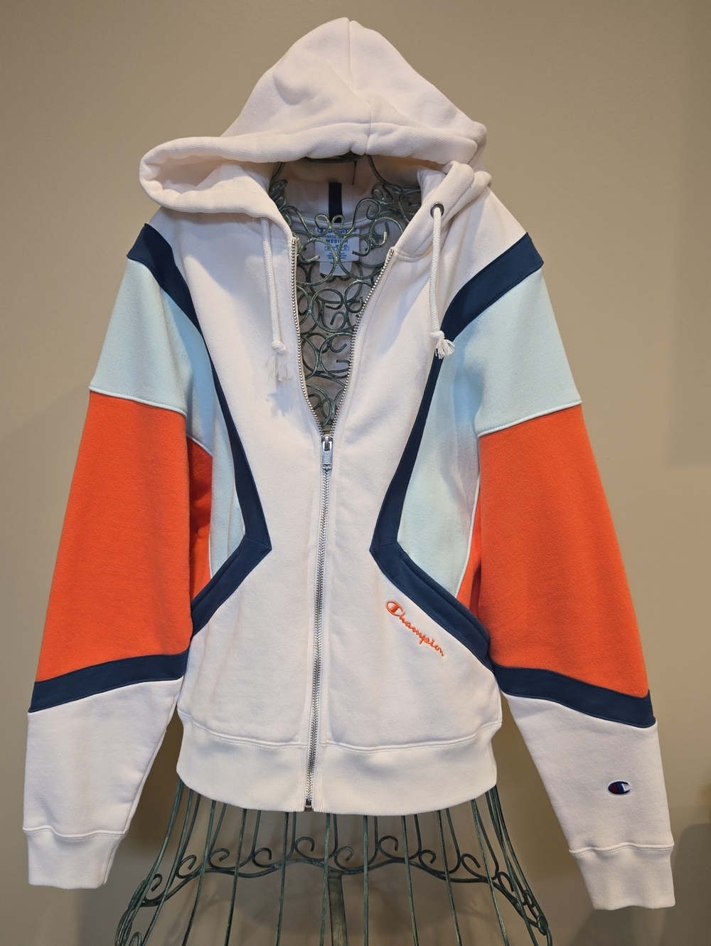 Champion Colorblock Zip-Up Hoodie - White, Orange, Light Blue, Navy